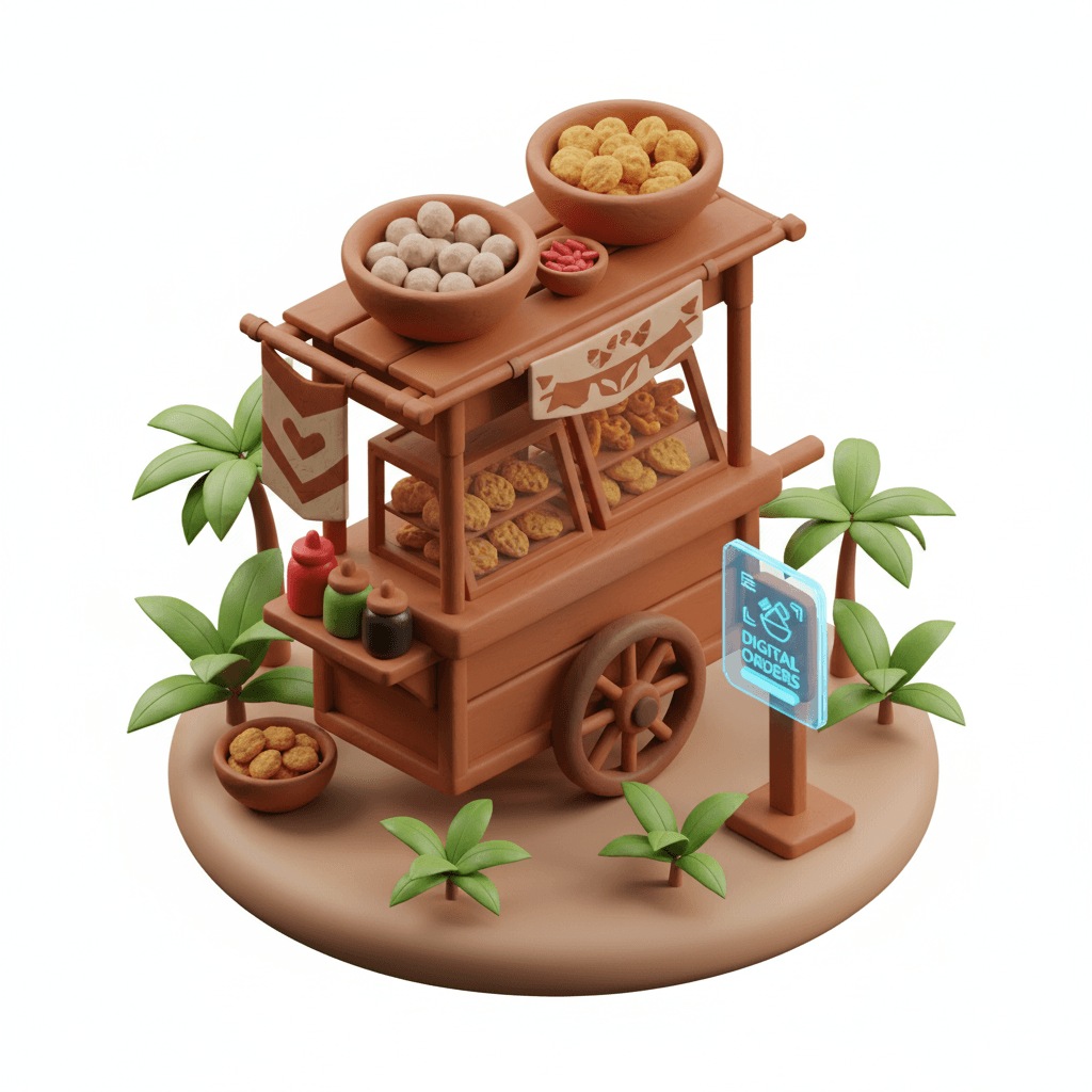 A small Indonesian street food stall (warung) in isometric 3D clay style, with a wooden cart selling bakso or fried snacks. Next to it stands a small holographic AI assistant screen showing “digital orders”. The scene has warm lighting, tropical atmosphere, small details like hanging banner and condiment jars. Cute, vibrant, miniature style.