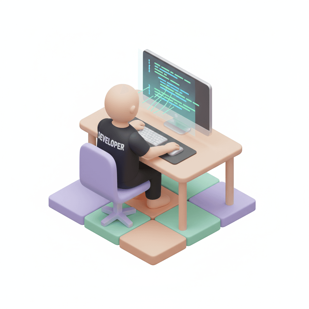 isometric 3d icon of a software developer coding at a desk, wearing a black t-shirt with the word "Developer" written on it, sitting in front of a computer with glowing code on screen, minimalistic modern workspace, soft lighting, pastel color palette, smooth materials, professional tech vibe, floating 3d isometric style, high-quality render, no background