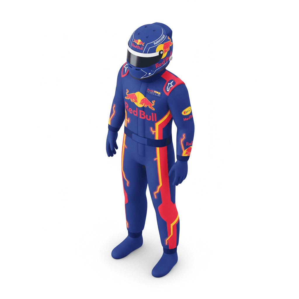 Formula 1 Driver with helmet on have redbull logo. with red, blue, and yellow color, color blue is the dominant color, red and yellow are the spark for the suits
