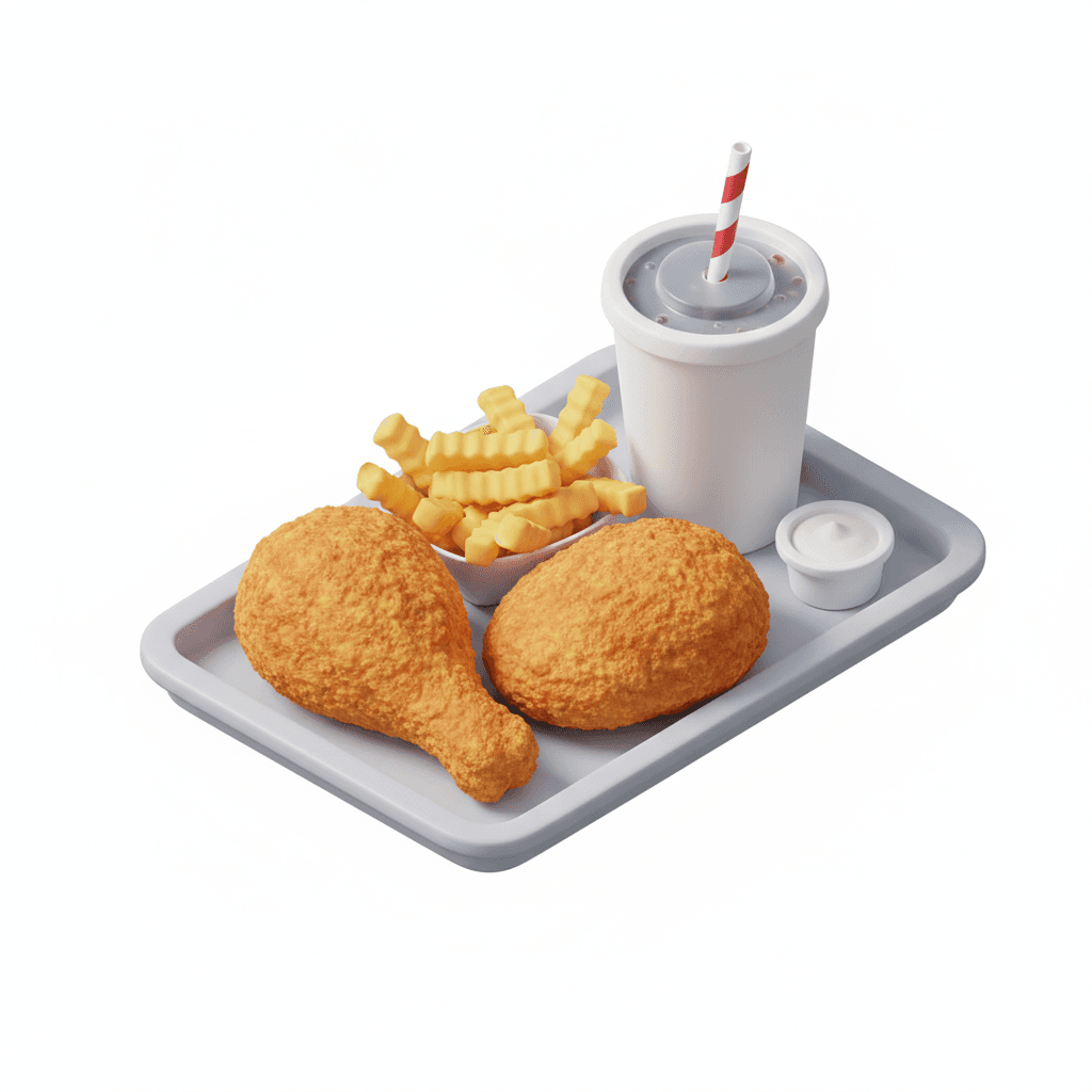 isometric 3D icon of fried chicken with fries and drink cup combo, served on a tray, modern restaurant app style, bright lighting, smooth shadows