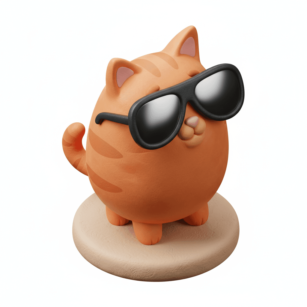kucing oren pakai kacamata hitam, claymation perspective