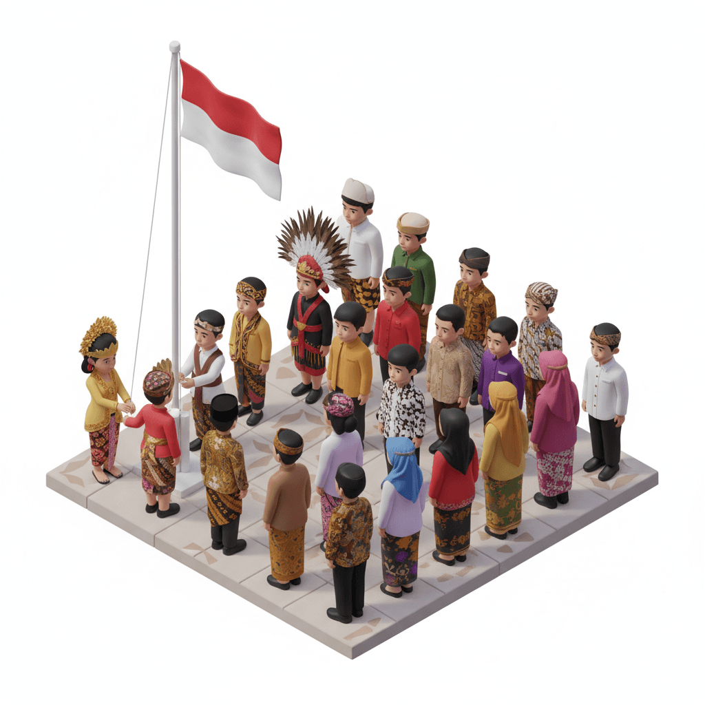 Upacara Bendera
Anak-anak dan guru berbaris rapi menghadap tiang bendera, ada petugas pengibar bendera, memakai baju adat dari berbagai daerah di Indonesia - No text - white background