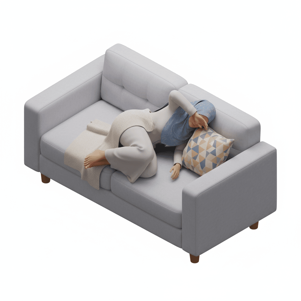 ibu rumah tangga berhijab, capek tiduran di sofa