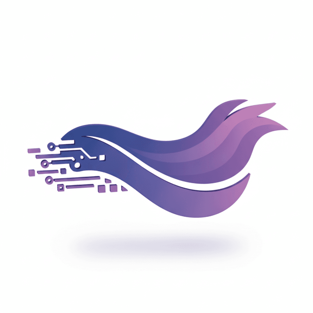 The icon is an abstract representation of a flowing, dynamic stream or wave. One side of the wave has subtle digital elements like tiny pixels or circuit traces, representing 'Kerja' and technology. The other side of the wave flows with soft, organic, elegant curves, representing 'Modis' and fabric. Fluid, modern, harmonious. Color palette: gradients from deep tech-blue to soft fashion-purple. Isolated on white background.