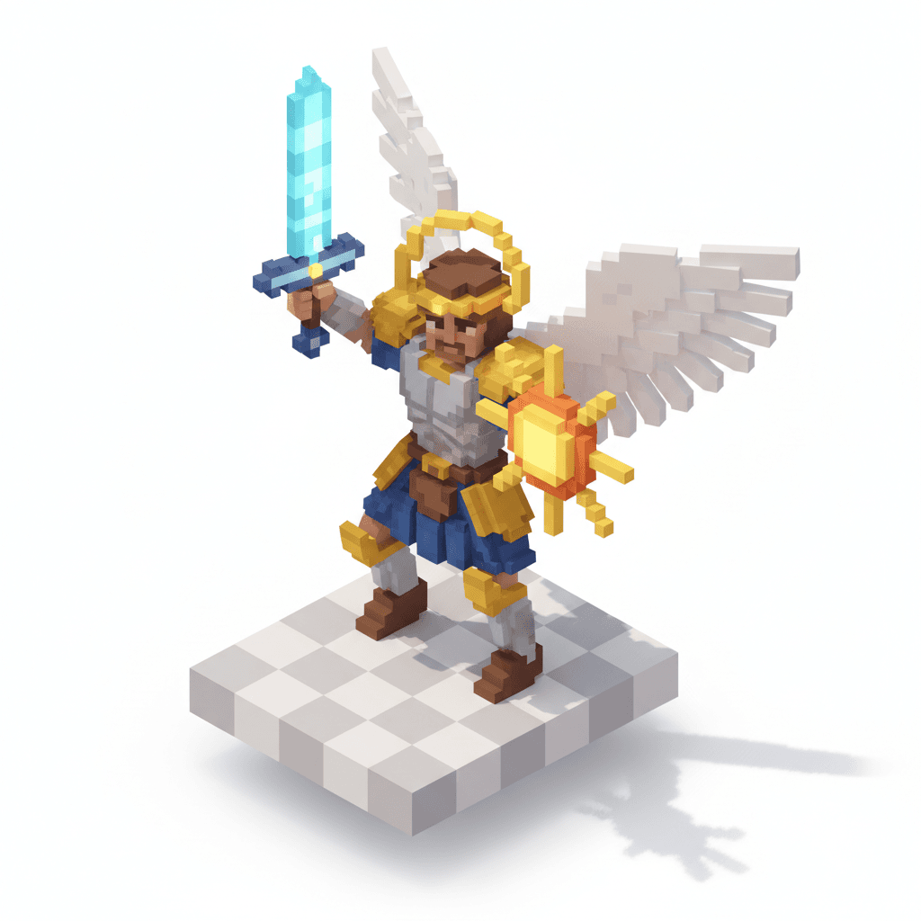 saint michael holding sword and sun, 8 bit style