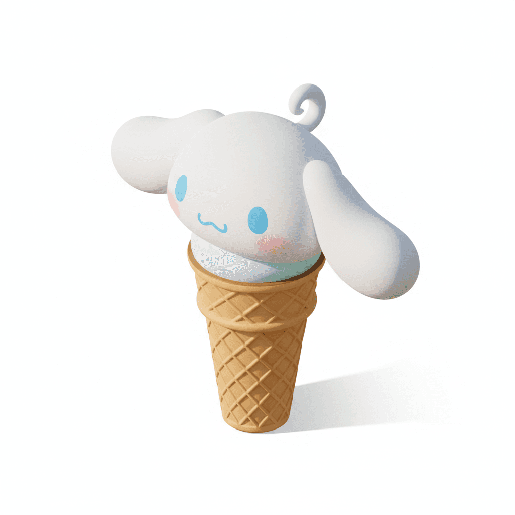 Cinnamoroll lookalike head on an ice cream cone
