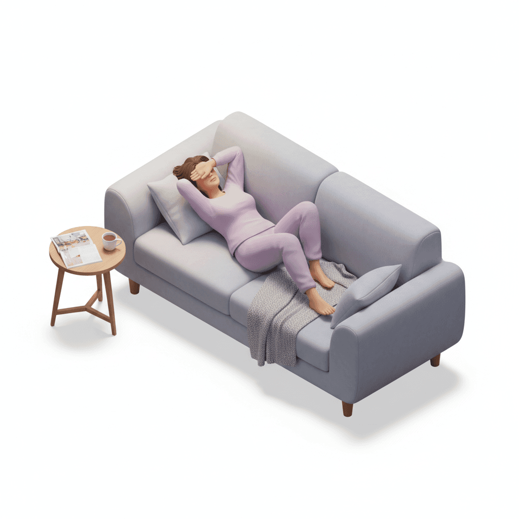 ibu rumah tangga capek tiduran di sofa