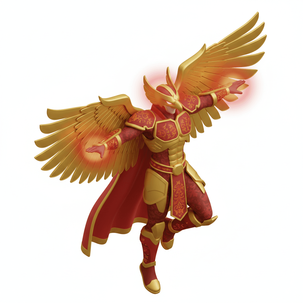 Isometric icon of an Indonesian-inspired superhero with golden Garuda wings, batik-patterned armor, red-gold tones, and energy aura. Clean vector isometric icon style, cultural details, heroic pose.