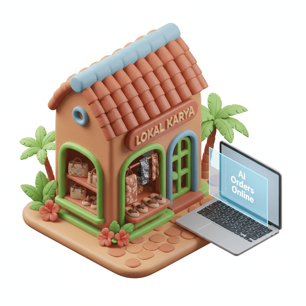 A cute isometric 3D clay miniature of a small shop selling local handmade products (bags, batik, shoes). A holographic laptop screen beside it shows “AI Orders Online”. Include warm daylight, Indonesian signage, and cozy street background with tropical vibe.