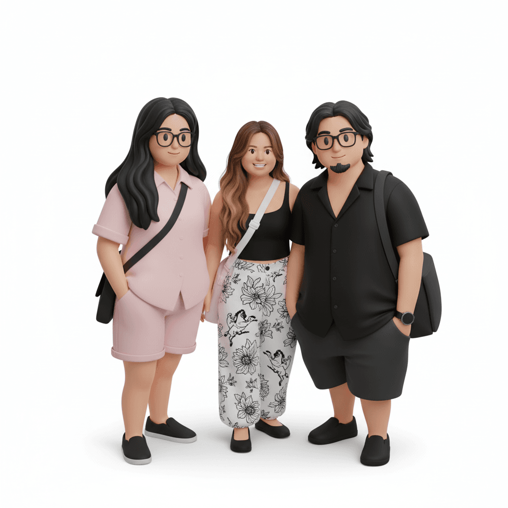 Cute 3D isometric icon featuring three people standing together, inspired by the uploaded photo. No Background.