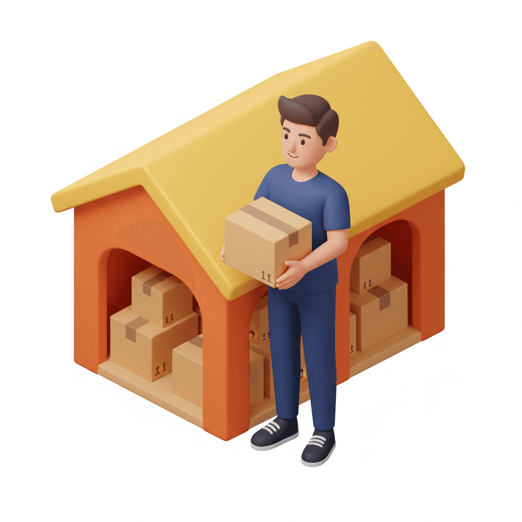 3D illustration of a cheerful young man wearing a dark blue t-shirt and pants in hex color #1D3668, with black shoes. He is holding a cardboard box while standing beside a small warehouse filled with boxes. The warehouse has orange walls and a yellow roof. The scene looks friendly and modern, with soft lighting, smooth 3D cartoon style, Pixar-like shading, and a clean white background.

