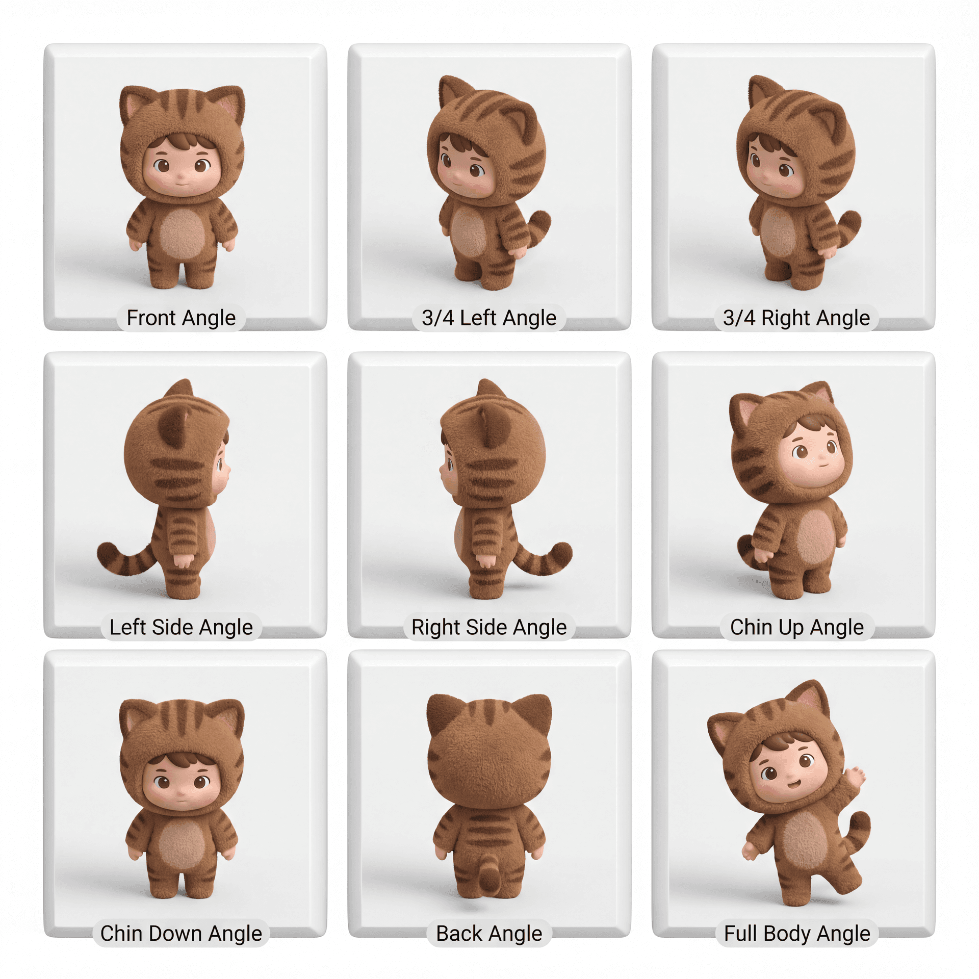 create a 3x3 grid 360 degree model sheet of chibi kid in a cat custome. Stick strictly to the angles provided. DO NOT DOUBLE AN ANGLE. DO NOT FORGET AN ANGLE. Here are the angle asked : Top-Left = Front Angle, Top-Mid = 3/4 Left Angle, Top-Right = 3/4 Right Angle, Mid-Left = Left Side Angle, Mid-Center = Right Side Angle, Mid-Right = Chin Up Angle, Bottom-Left = Chin Down Angle, Bottom-Mid = Back Angle, Bottom-Left = Full Body Angle with pose according to picture All images shot showing the costume details. White Background, studio lighting, neutral pose, super hyper consistent character