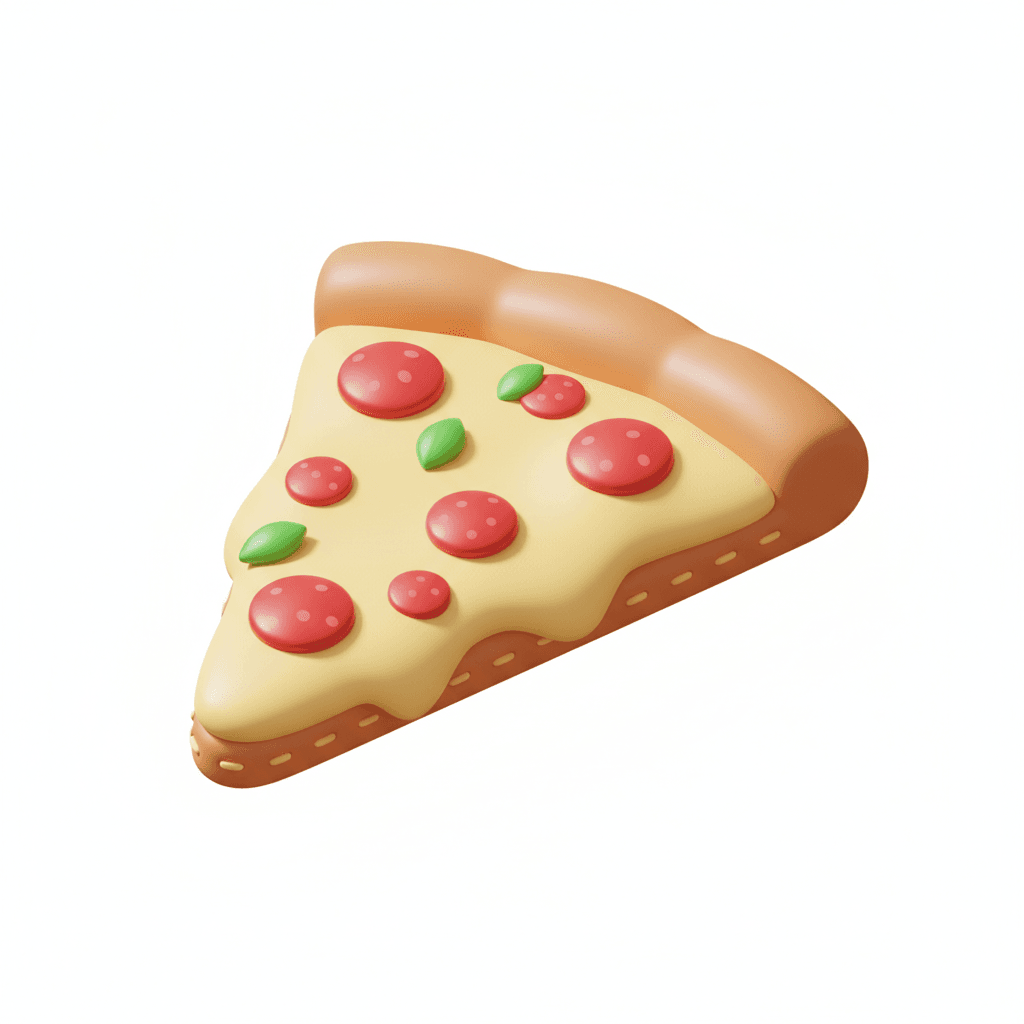 bikin slice pizza gaya isometric 3D dengan look mengembang dan jahitan di pinggir. warna keju kuning lembut, pinggiran roti coklat muda, topping pepperoni merah, dan sedikit bayangan hijau dari daun basil. vibe-nya lucu, lembut, lighting soft dari kiri ata