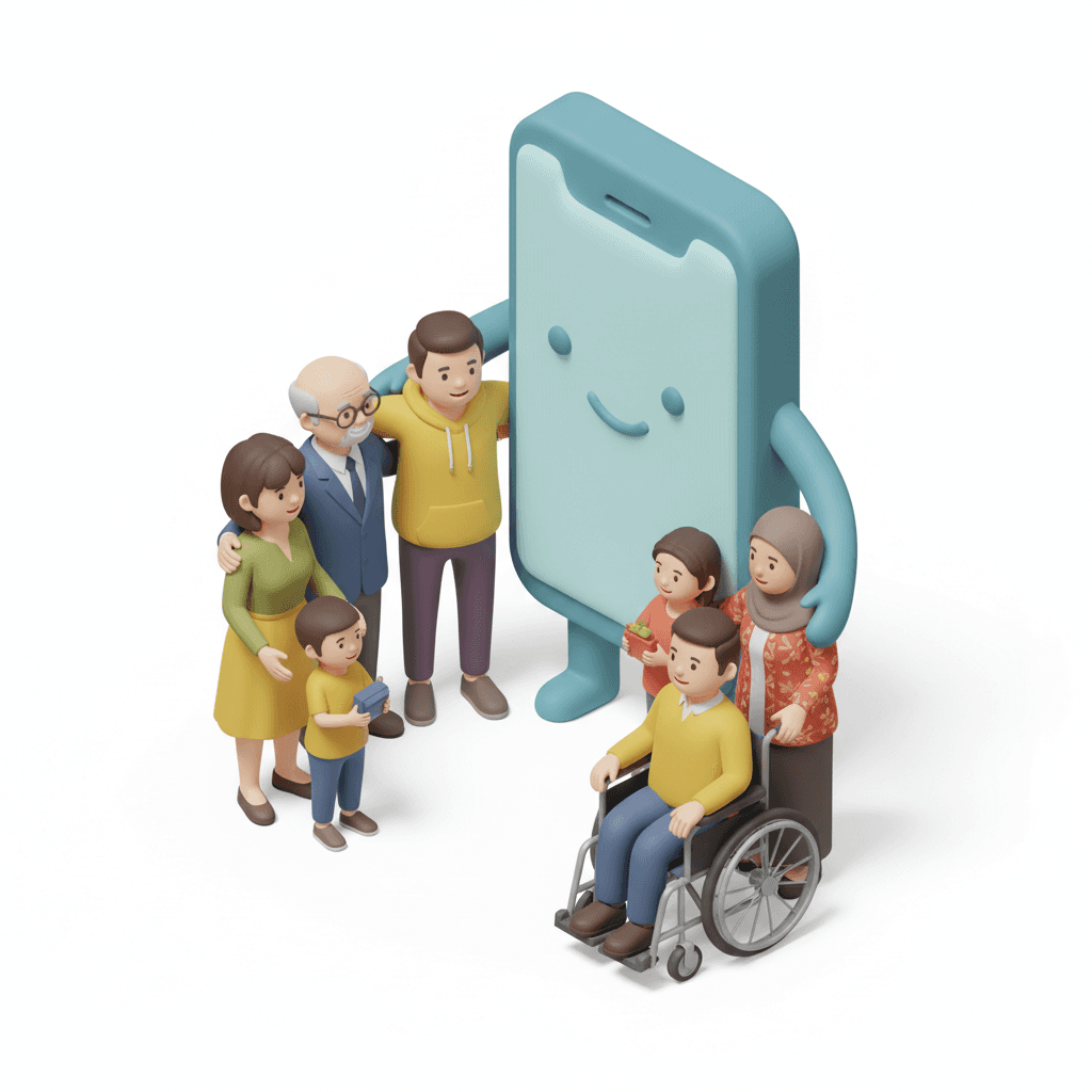 sebuah karakter berbentuk ponsel yang ramah sedang memeluk sekumpulan orang yang tersenyum bahagia dengan berbagai karakter dan golongan orang