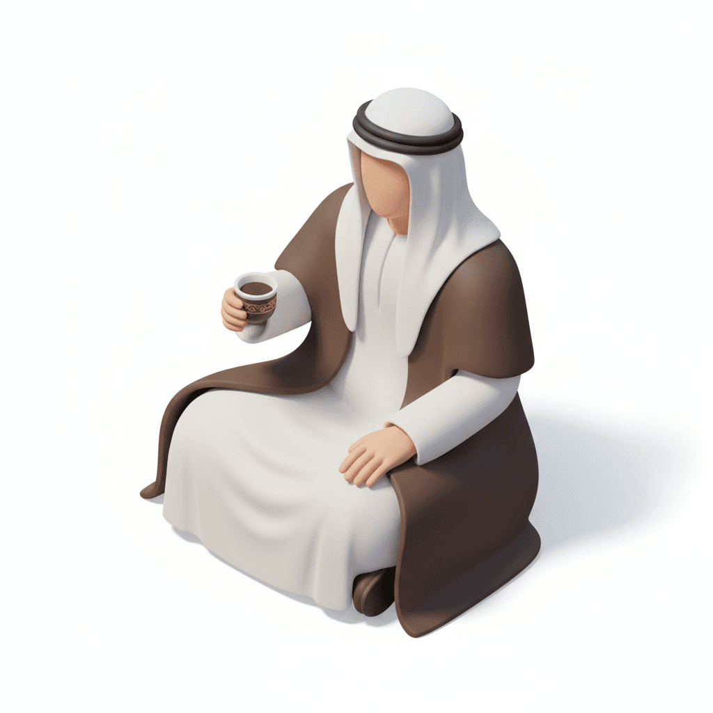 Seorang laki-laki tanpa mata, tanpa hidung, tanpa mulut memakai busana arab duduk dengan pose memegang cangkir kopi.