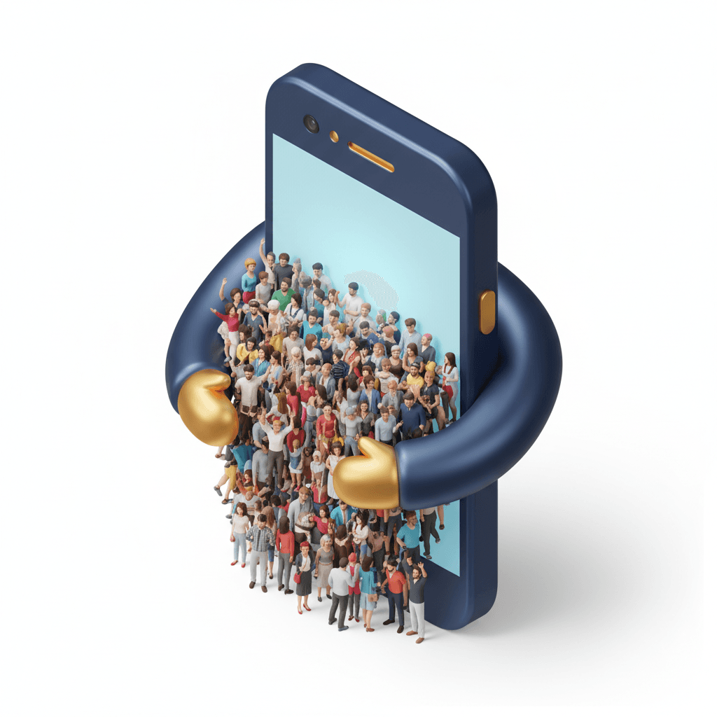 sebuah karakter raksasa berbentuk ponsel yang premium berwarna biru navy dan gold sedang memeluk sekumpulan manusia kecil hingga 1000 orang dari berbagai kalangan usia dengan wajah gembira
