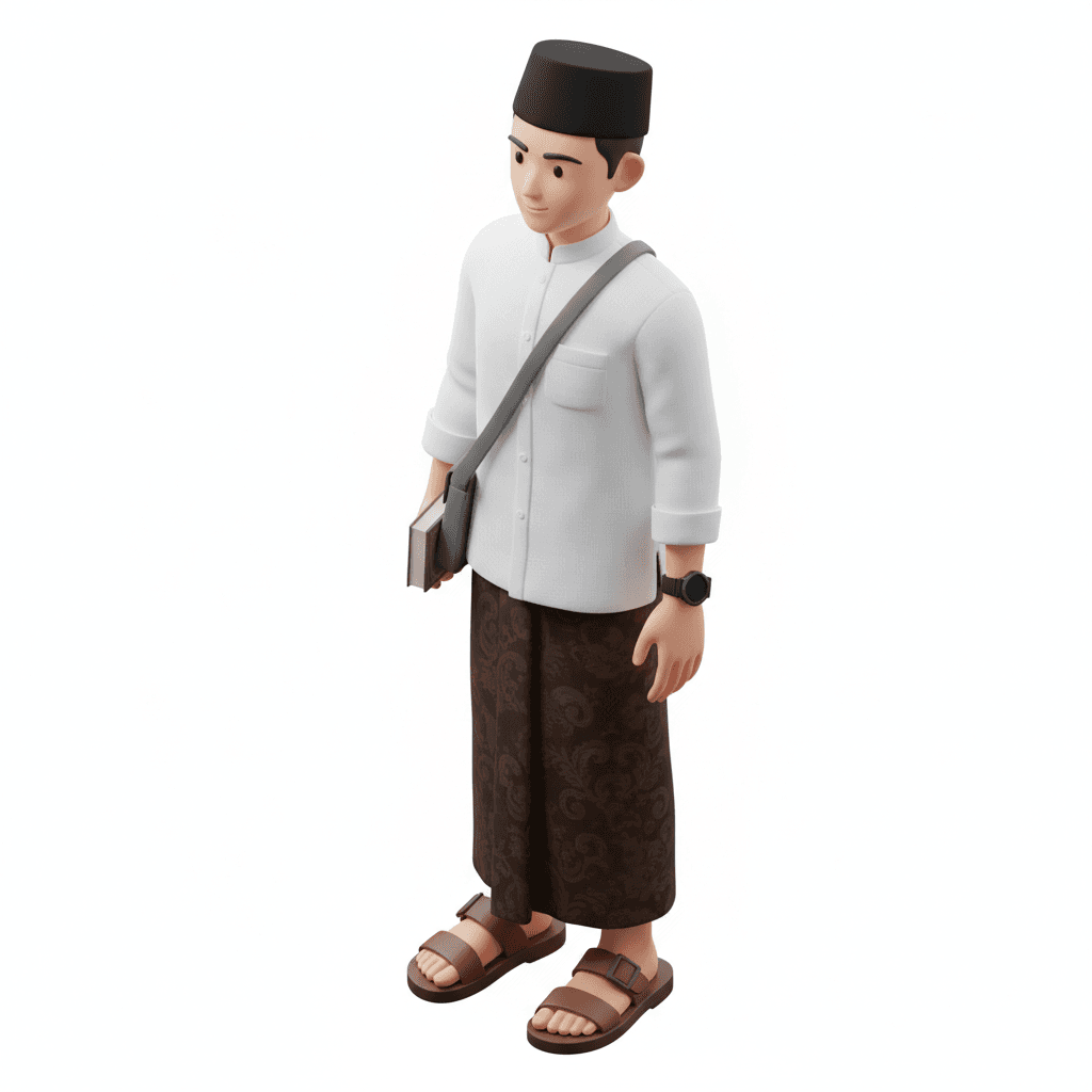 MoZy versi santri: pemuda berwajah teduh dan senyum kalem, mengenakan koko putih linen berkerah Shanghai, sarung batik coklat tua terlipat rapi, dan peci hitam polos. Di bahu tergantung tas selempang abu-abu kecil, tangan kiri memakai jam digital hitam, tangan kanan memegang kitab tipis. Sandal kulit coklat bersih di kaki, rambut hitam rapi di bawah peci, tampil sopan tapi tetap stylish khas santri modern.
