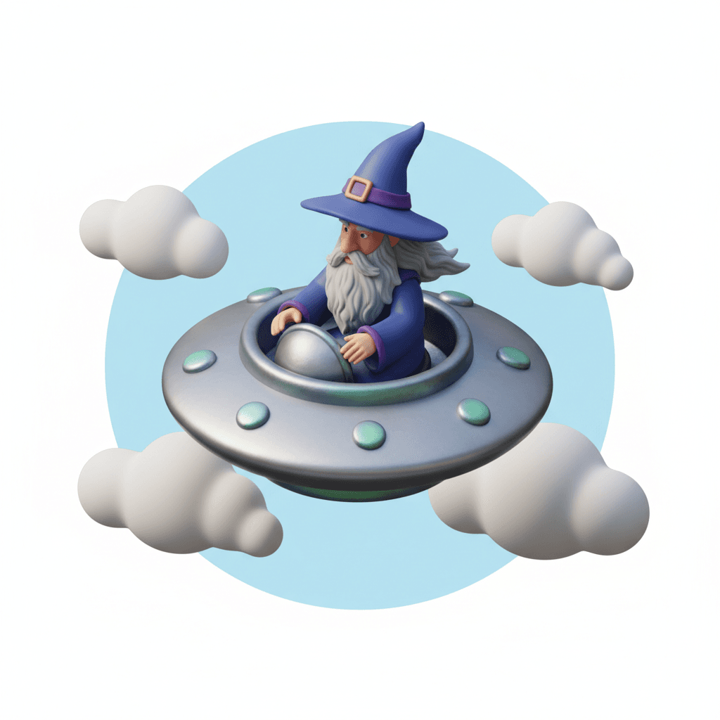 penyihir tua terbang dengan pesawat alien