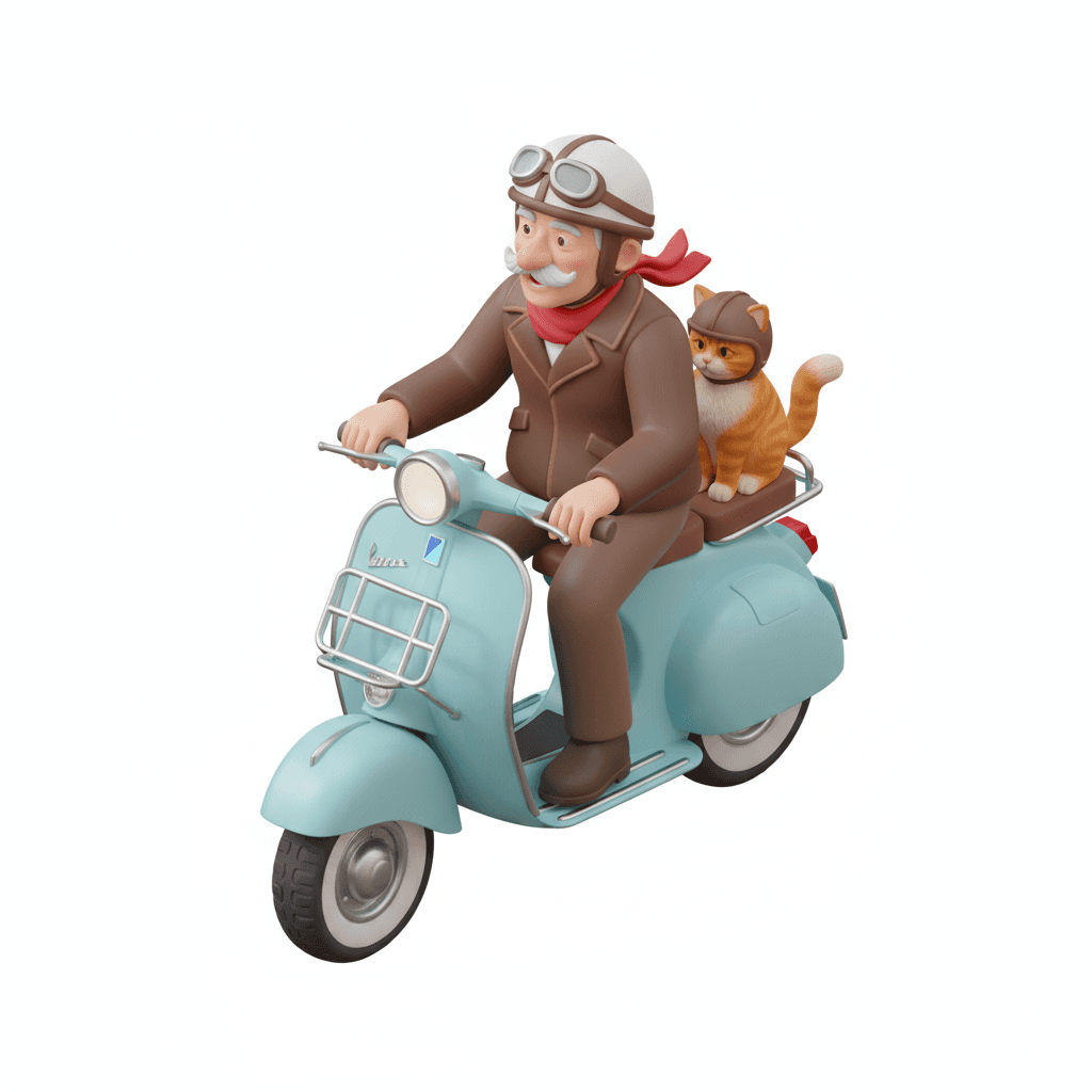 kakek kakek naik motor vespa clasic lagi bonceng kucing berwarna orange