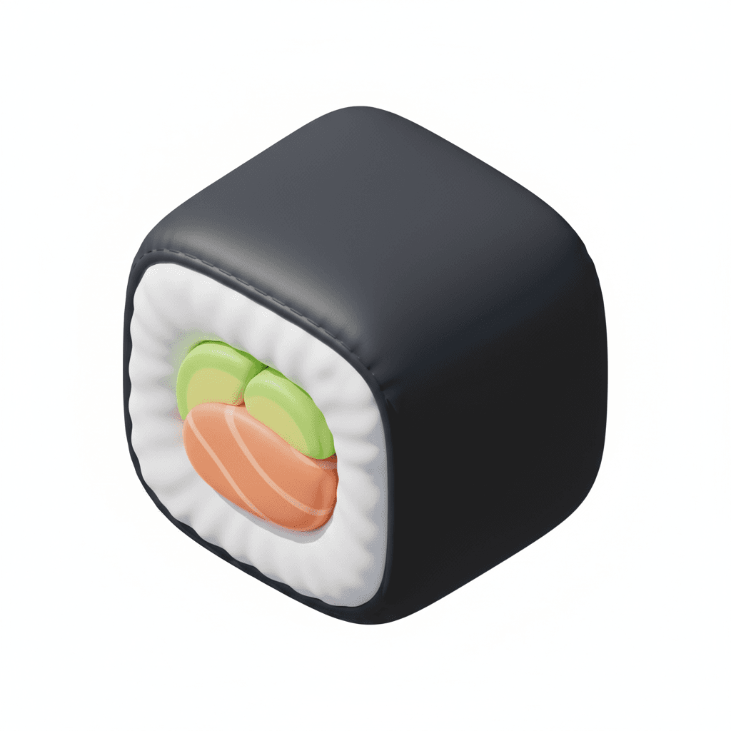 ikon sushi isometric 3D, bentuknya empuk kayak balon kulit sintetis, ada efek jahitan halus di pinggir. nasi putih lembut, nori hitam keabu-abuan matte, isiannya salmon oranye pastel sama alpukat hijau muda. lighting lembut dari kiri atas, background putih clean