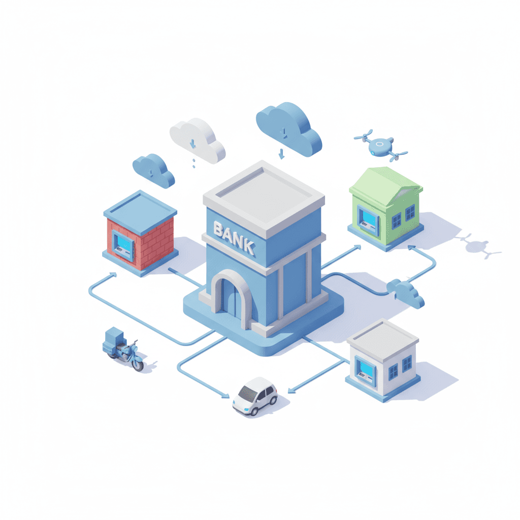 Branch Expansion for bank, have one main building office and connect with some small branch and atm, have support object like motorbike, car, and etc and have cloud for support object