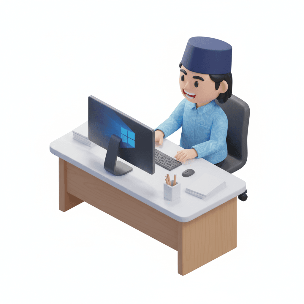 rambut di panjangkan sedikit. untuk kopiah nasionalnya juga di rapikan. ganti meja kerjanya yang lebih modern. buat wajahnya dengan smile terlihat giginya. agar menunjukkan dia senang dengan tugasnya