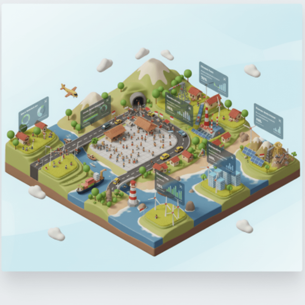 landscape kabupaten di Indonesia dengan berbagai aktifitas sosial seperti pasar, transportasi darat, air dan udara. Juga terdapat papan transparan yang menampilkan data dari kabupaten tersebut. Buat dalam bentuk gambar memanjang, dan gunakan gambar ini sebagai referensi. 