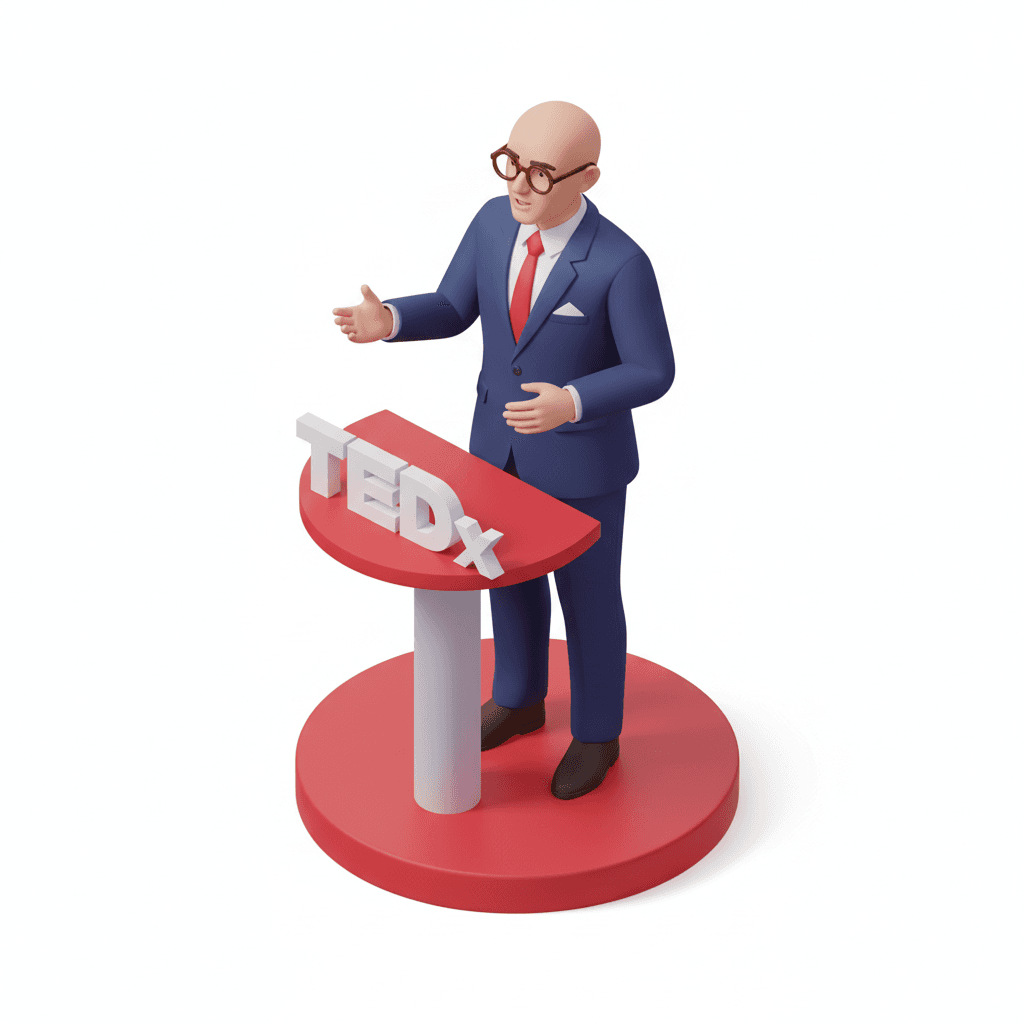A 45 years old fully bald man with round glasses and business attire giving tedx speech