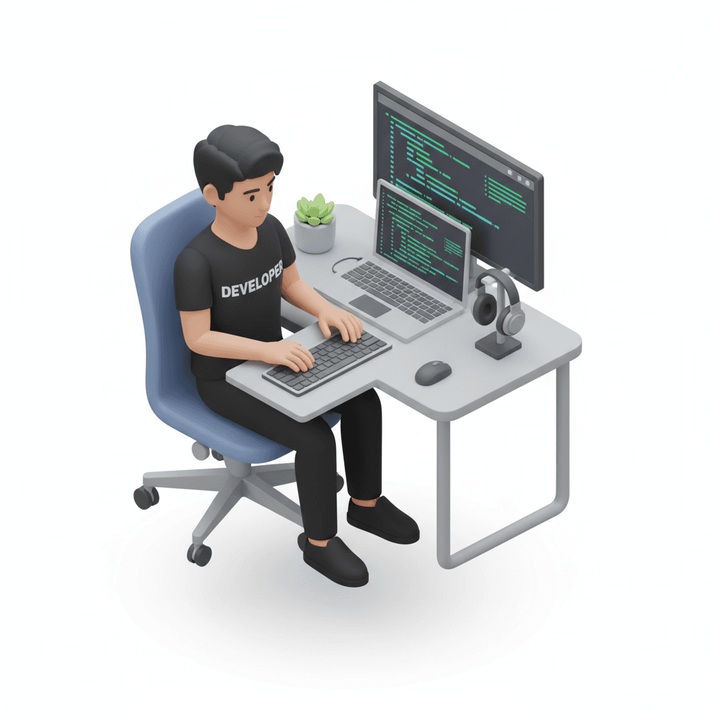 isometric 3d icon of a young software developer coding at a desk, wearing a black t-shirt with the word "Developer" on it, with short hair styled forward, sitting in front of a computer showing glowing code lines, modern minimalist workspace, soft lighting, smooth materials, pastel color palette, clean professional tech vibe, floating 3d isometric style, high-quality render, transparent background