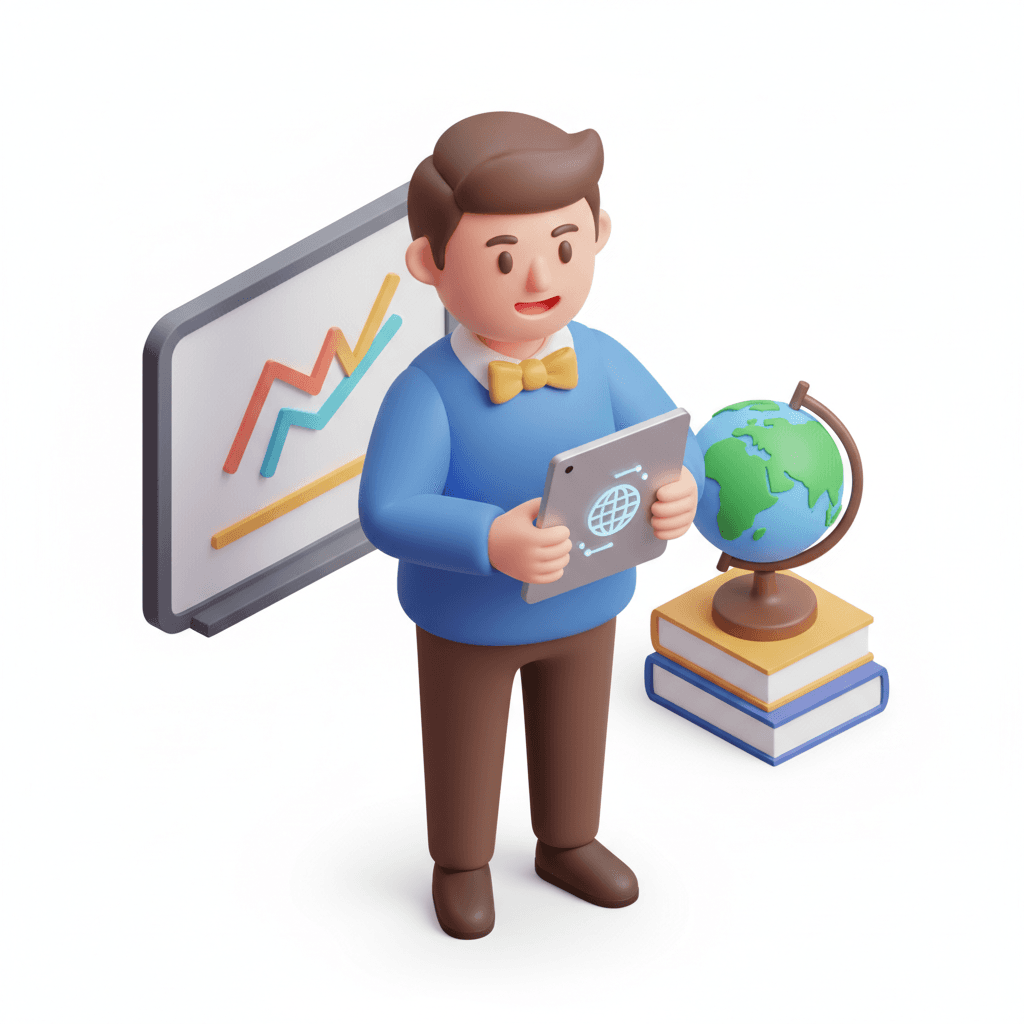 Stylized icon of a friendly teacher holding a digital tablet, modern flat design, with subtle classroom elements in the background