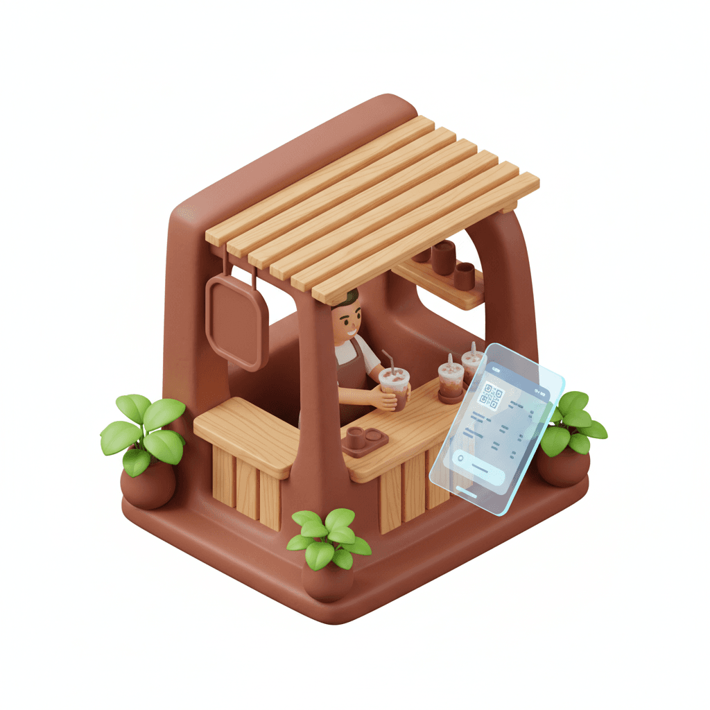 An isometric 3D clay-style coffee stall with a modern twist — a small barista stand, digital QR menu floating on a holographic tablet, and a cheerful barista serving iced coffee. Add plants and wooden textures for cozy vibes, Indonesian small business atmosphere.