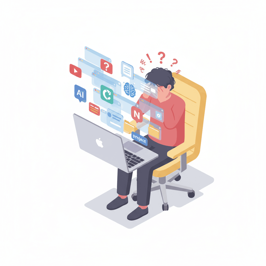 A tired content creator sitting in front of a messy laptop screen, surrounded by floating icons and browser tabs (YouTube, Canva, AI, Notion, etc.). Express frustration or confusion. Modern flat 3D illustration with soft pastel tones (gray, yellow, red), relatable tech-startup style, soft edges and subtle lighting.