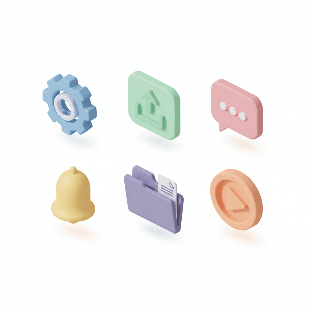 A collection of 3D user interface icons — settings gear, upload arrow, message bubble, notification bell, folder, play button — rounded modern shapes, soft matte plastic texture, pastel colors, minimal composition, white background, realistic lighting, perfect for mobile UI kits
