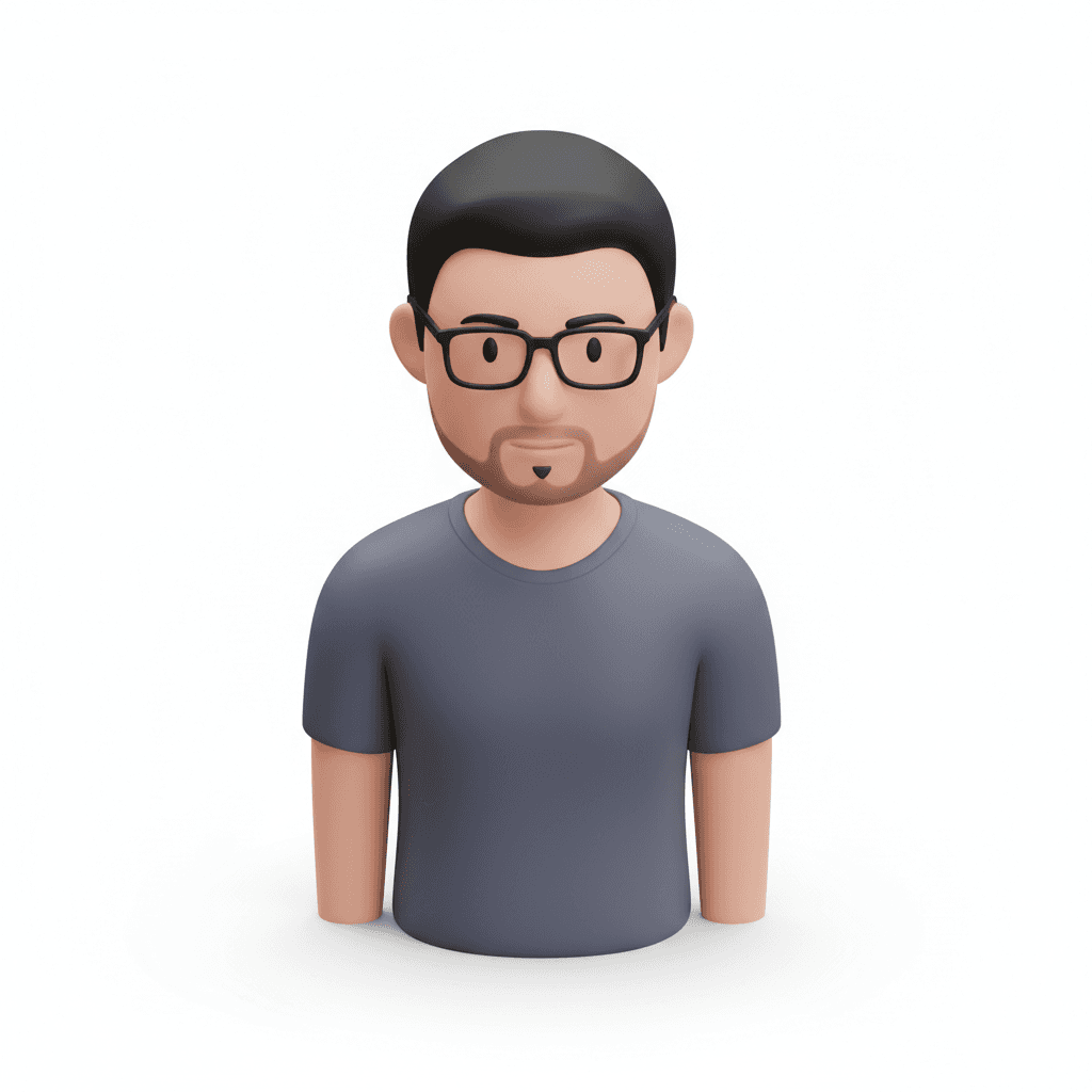 Isometric full-body avatar of a man with short black hair, rectangular black glasses, round face with trimmed beard and small goatee. He is wearing a dark gray/blue casual sports T-shirt, standing upright and facing the camera directly with a neutral expression. Clean minimalist vector style, smooth lines, natural skin tone, muted clothing colors. Isometric 3D perspective with simple shadow below, transparent background