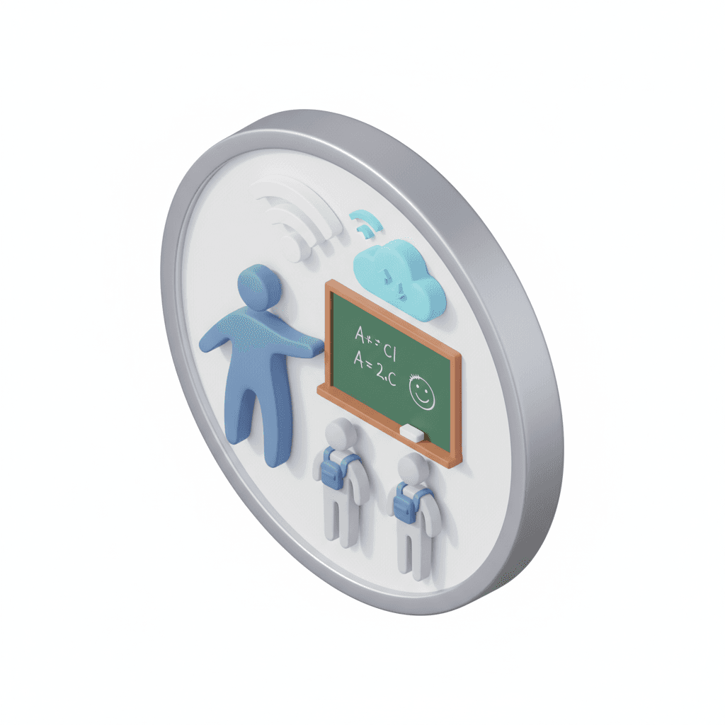 "Round badge with an abstract figure guiding students, elements of digital connectivity like WiFi or cloud and a chalkboard"