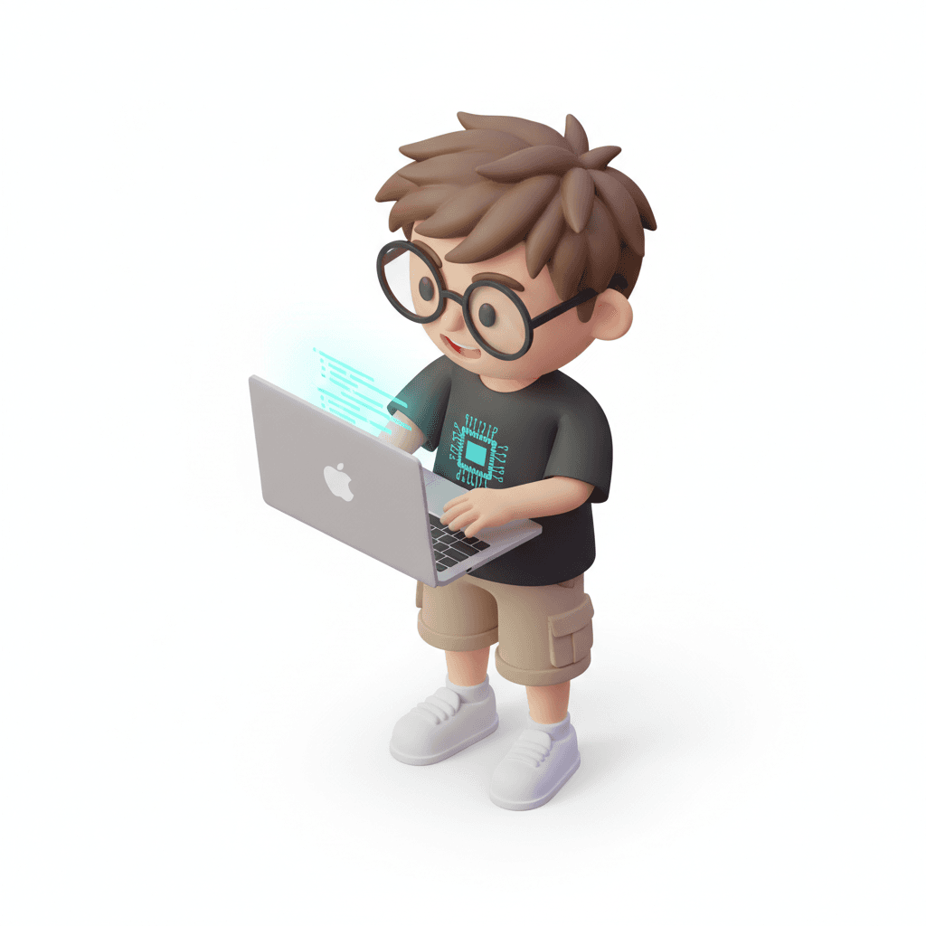 create cute IT guy geek open laptop while standing