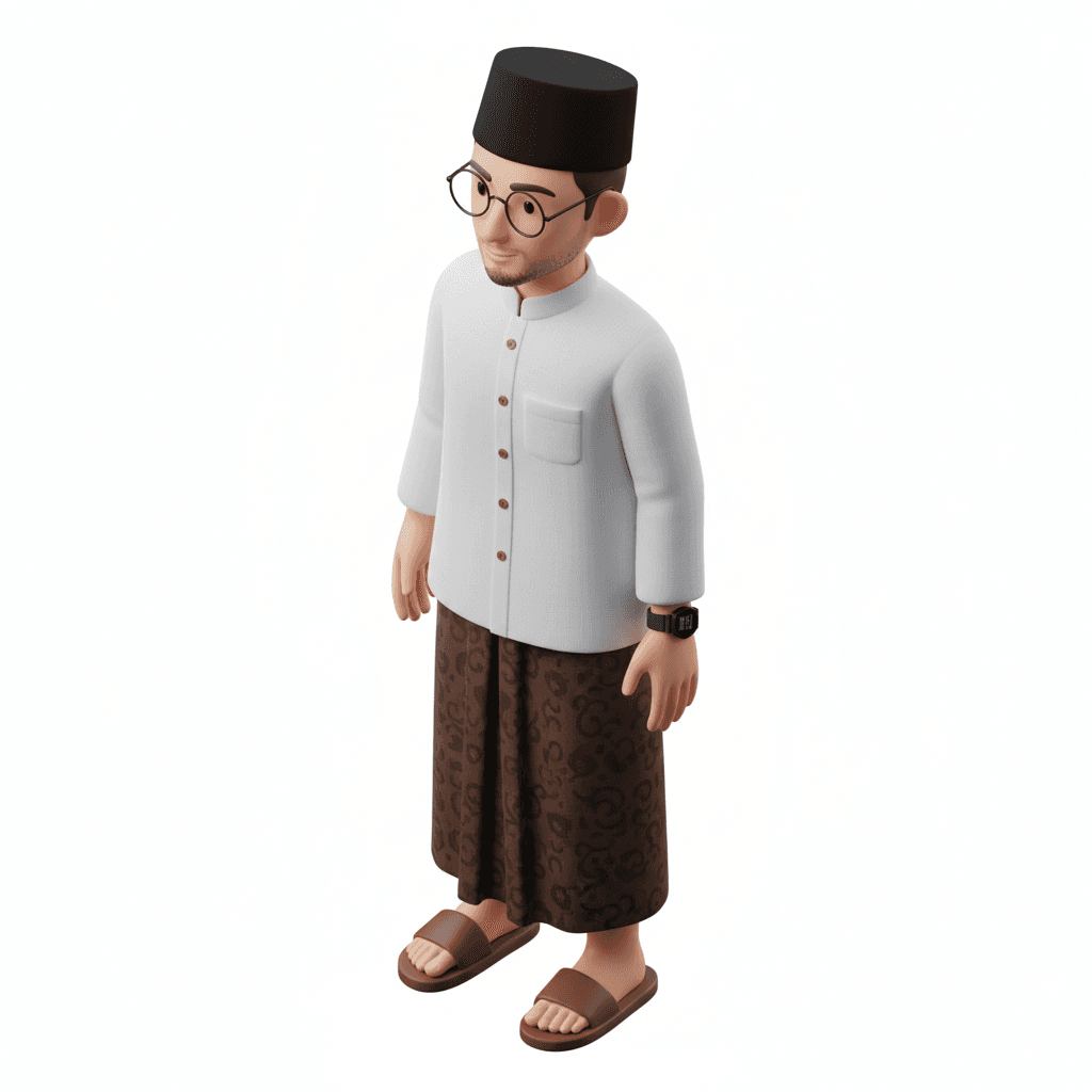 MoZy versi santri: pemuda berwajah teduh, berjenggot tipis tanpa kumis, memakai koko putih linen berkerah Shanghai dan sarung batik coklat tua terlipat rapi. Di wajahnya terpasang kacamata bulat bergaya klasik, peci hitam polos menempel rapi di kepala, jam digital hitam di tangan kiri, serta sandal kulit coklat bersih di kaki. Tampil sederhana tapi berkarisma khas santri modern yang tetap berkelas.
