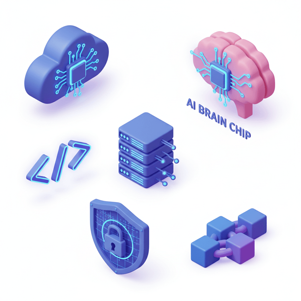 3D technology icon set — cloud computing, AI brain chip, data server, coding symbol, digital shield, blockchain cube, futuristic neon lighting, glowing blue and purple tones, soft reflections, isolated on white background, high detail, commercial stock style, 8k resolution
