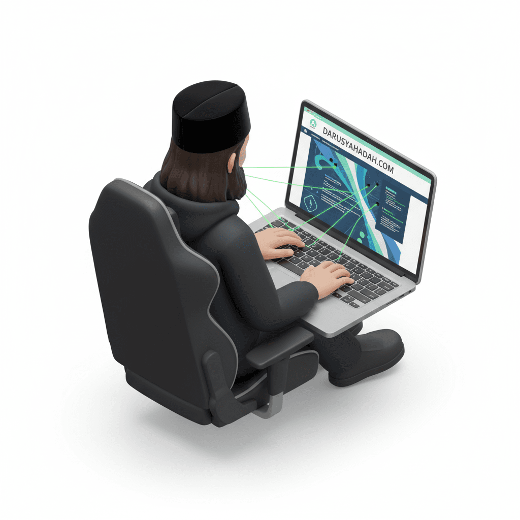 seorang hacker berambut panjang menggunakan songkok nasional dengan layar laptop dengan tampilan website darusyahadah.com
