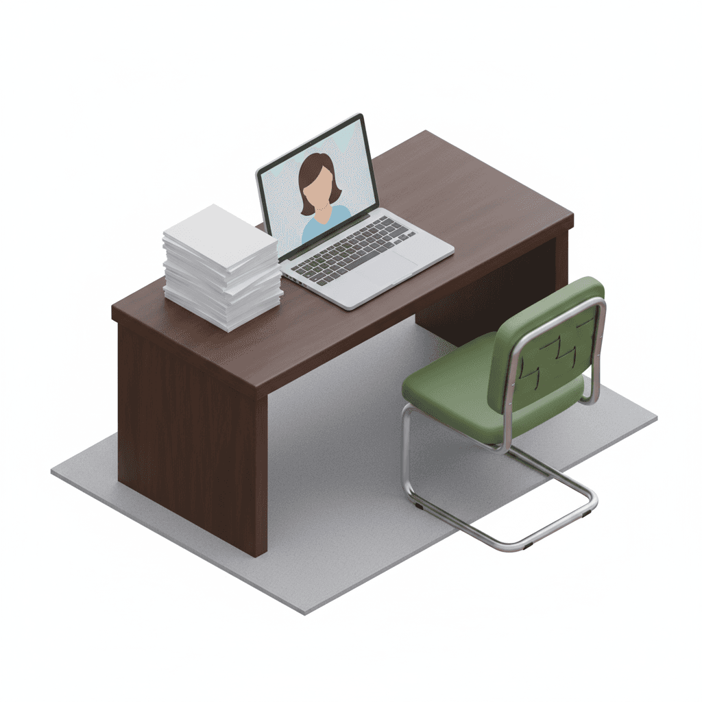 rapikan rambutnya. buat dia dibelakang telinga.
tambahkan tumpukan kerta di samping laptopnya. tambahkan kursi yang estetik. buat meja nya menjadi meja kantor yang formal