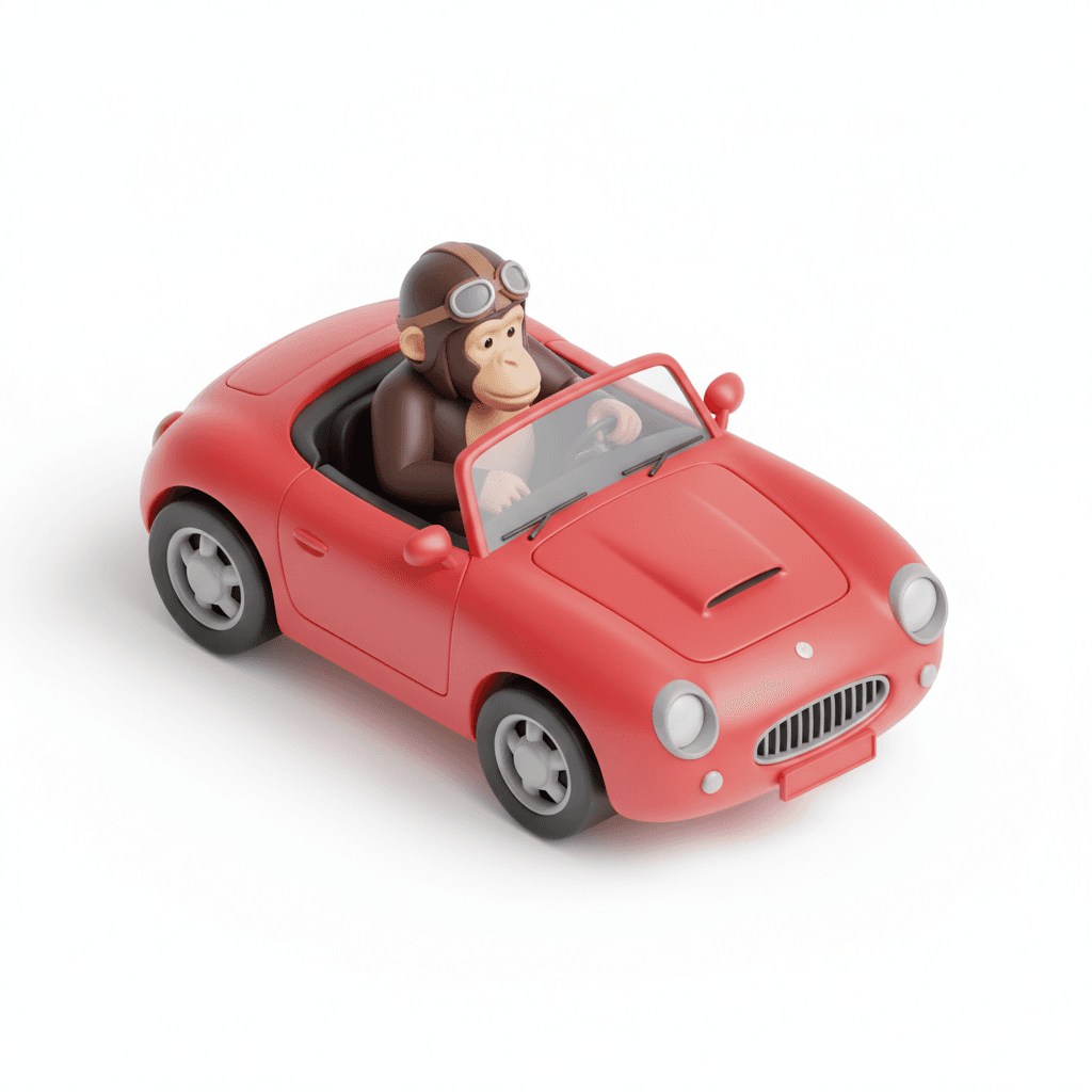 Monkey driving a red car