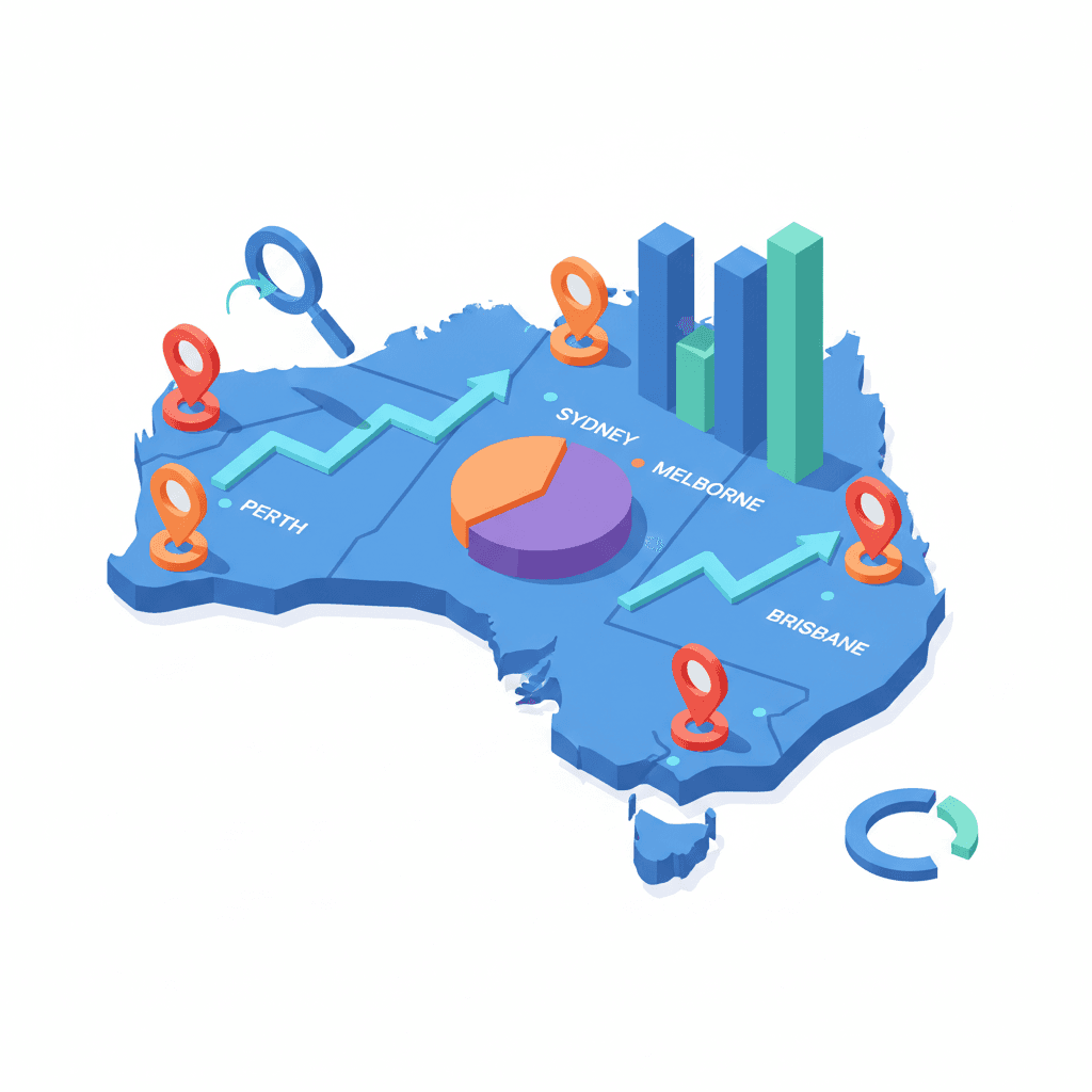 Flat isometric map of Australia with data-driven elements like charts, graphs, and location markers, modern SaaS style, market intelligence, clean flat colours