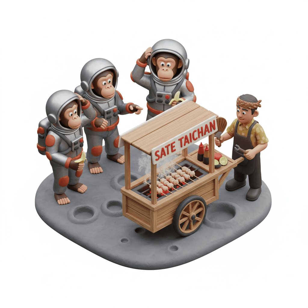 Space monkeys landing on the moon, and they’re confused because theres a sate taichan seller with his gerobak grilling sate taichan selling on the moon 