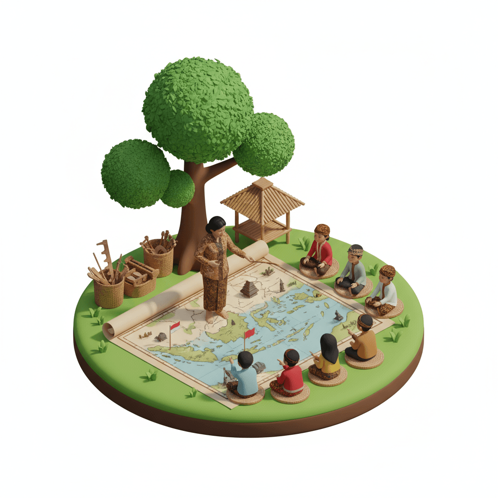 Kelas Outdoor Tema Nusantara:
Belajar di luar ruangan dengan guru mengenalkan budaya daerah melalui peta besar Indonesia. No text - white background