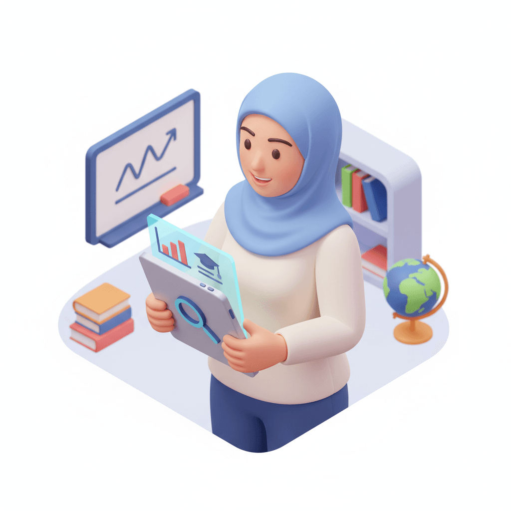 Stylized icon of a friendly teacher holding a digital tablet, modern flat design, with subtle classroom elements in the background..the teacher wearing hijab