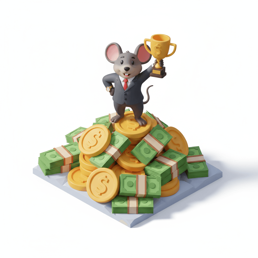 A cartoonish 3D icon of a business mouse, standing proudly on a mountain of money