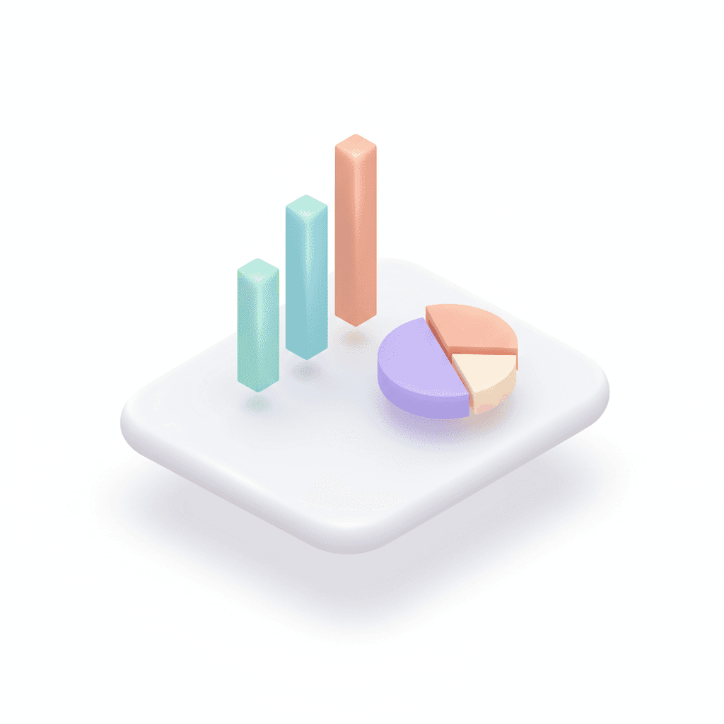 isometric 3D icon of a minimalist dashboard analytics panel, featuring floating 3D bar charts and pie chart in soft pastel colors, subtle shadows, matte plastic texture, white background, 45° isometric angle, soft rim light, professional UI/UX design style
