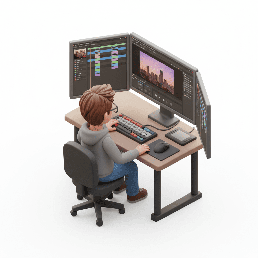seorang editor video dengan 2 layar, salah satu layarnya mode potrait ya. pada layar tampilan editor video ya. Karakter berkacamata dengan rambut pendek yang acak-acakan dikit. pakaian kasual 