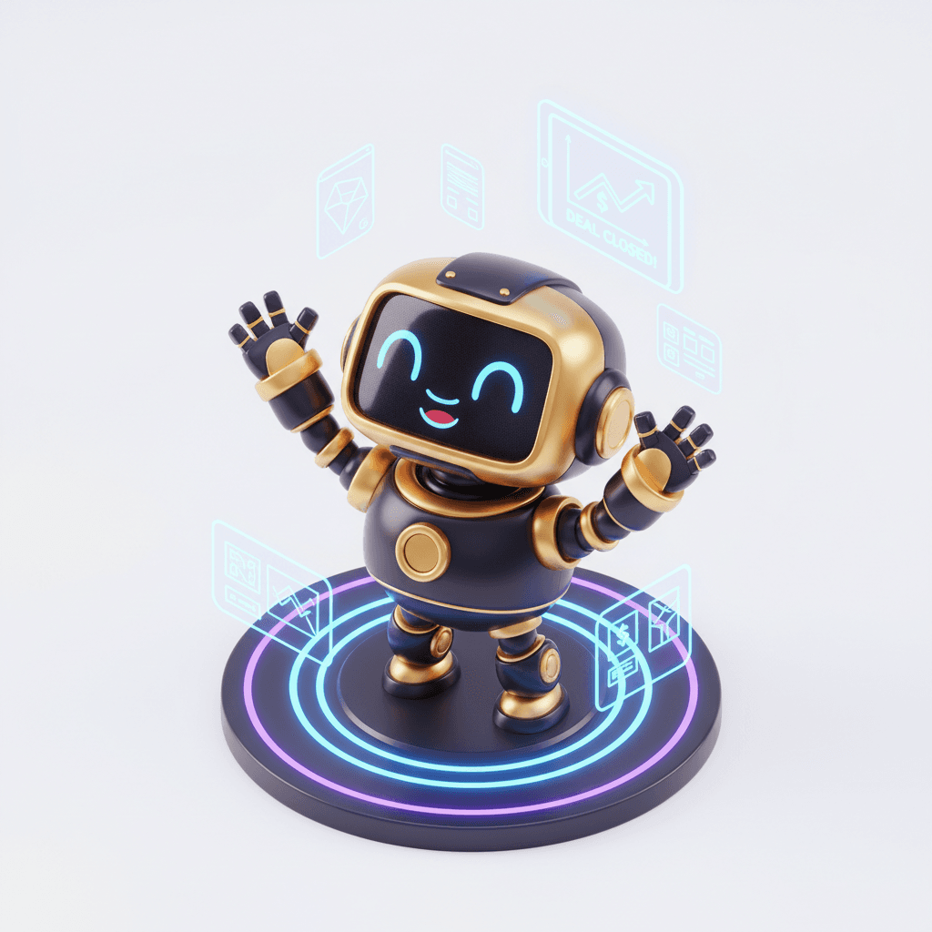 a cute Black Gold robot in isometric view, celebrating happily after closing a client deal thanks to the power of mockup design, standing on a futuristic workspace with holographic mockup floating,  shining in hologram above, joyful expression, soft neon lighting, glossy Gold and Black texture, Pixar-style 3D render, high detail, 4K, isometric perspective