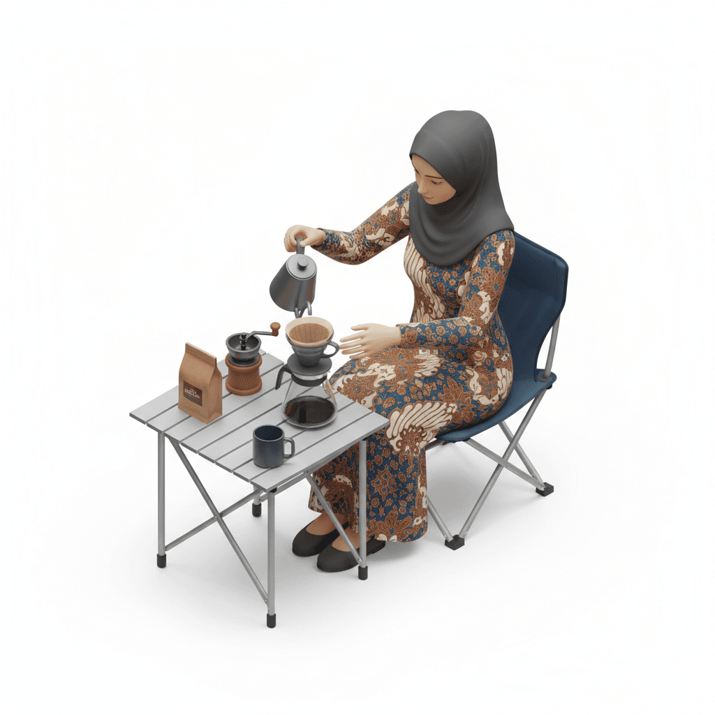 wanita berhijab syari dan gamis batik sedang duduk di kursi dan meja camping membuat kopi v60 